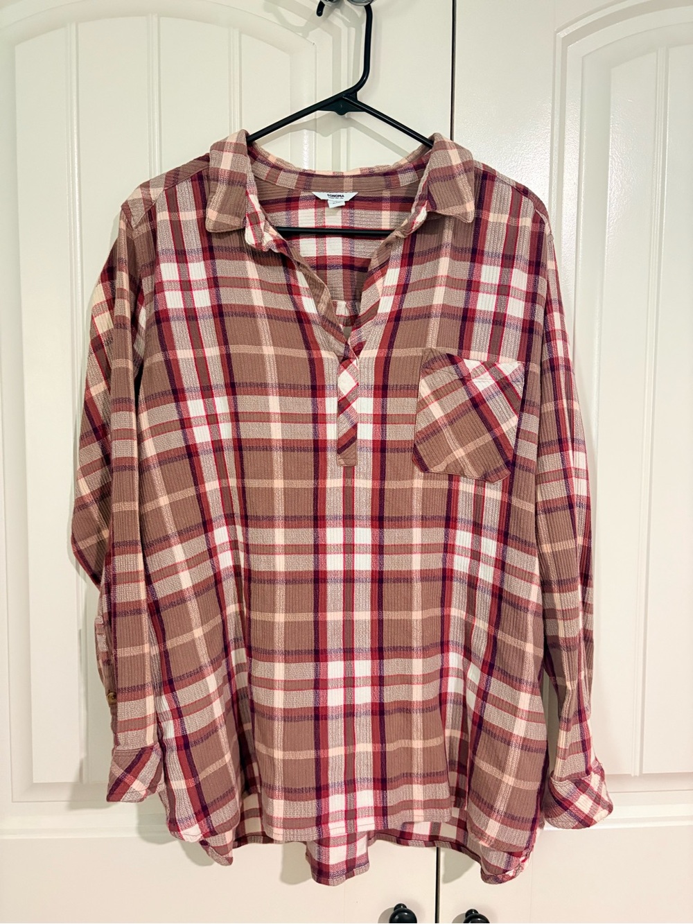 Perfect Top for the Fall-Sonoma Plaid Button-Down Shirt in Tan and Red